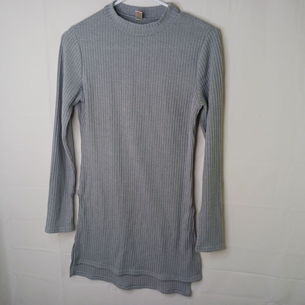Elfin Mock Neck Dress Girls Large Gray Ribbed High Slit Long Sleeve Knit